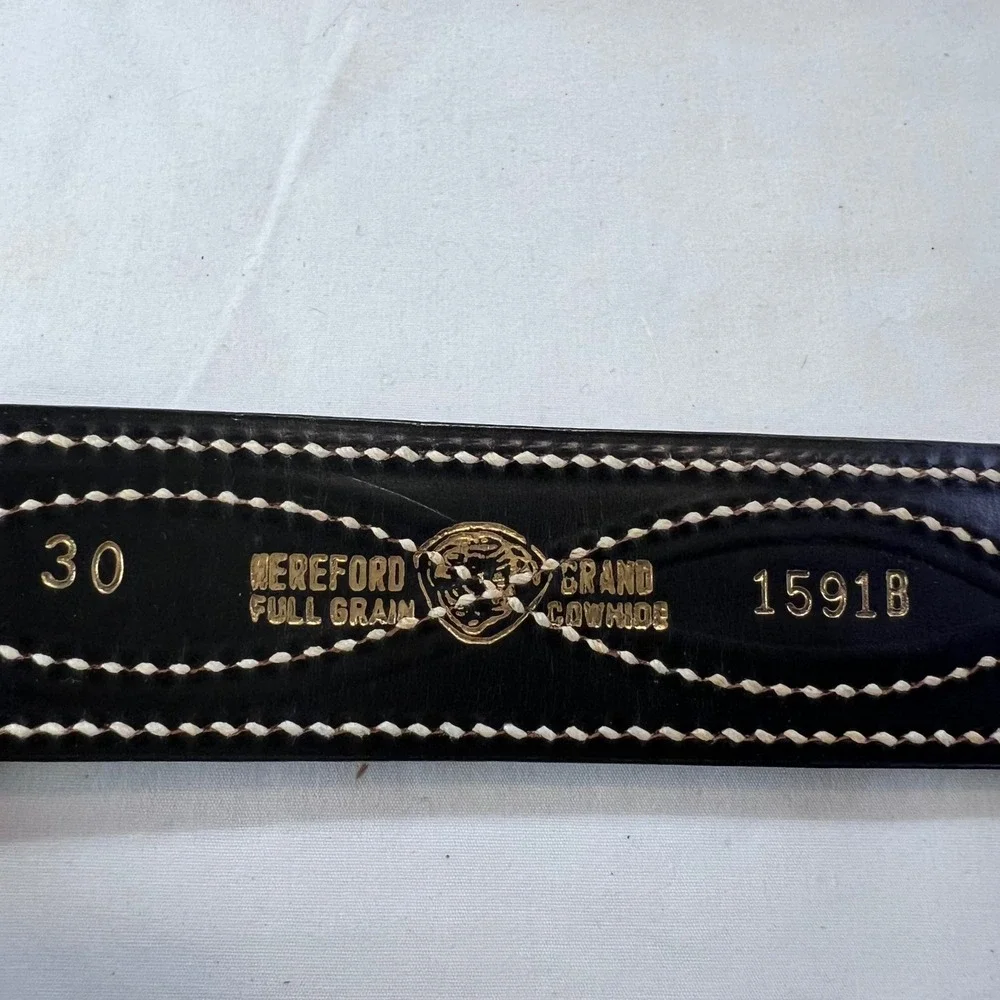 Hereford Brand Black Full Grain Cowhide Leather Western Belt White Stitch Sz 30